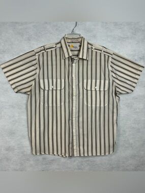 VTG Southern Classics Short Sleeve Casual Shirt Mens XL Brown White Stripe Flaw